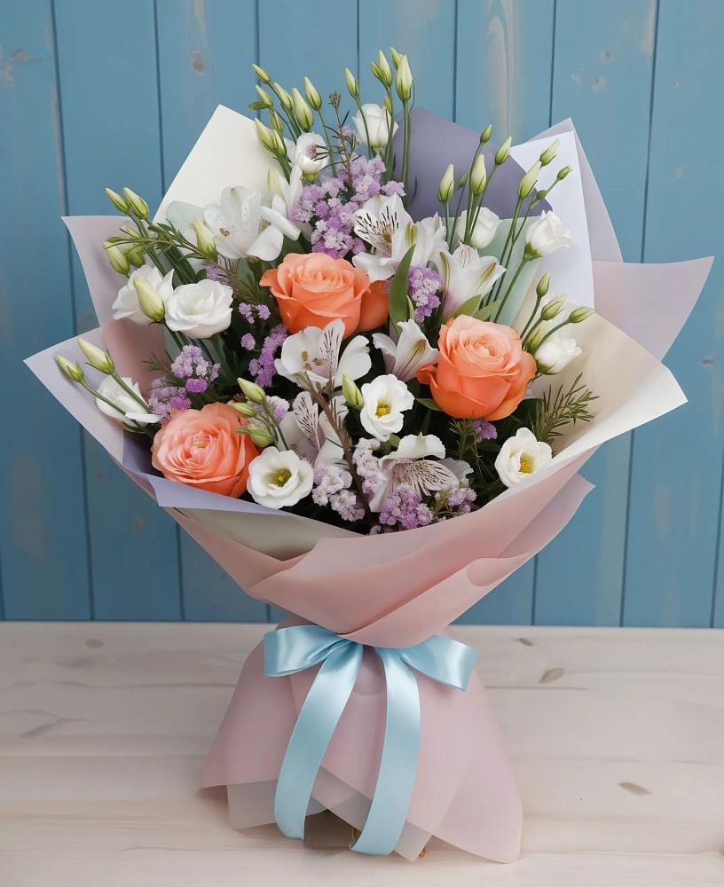 Букет цветов из: Лизиантусы, Розы, Альстромерии и Гипсофила в Инатьевский